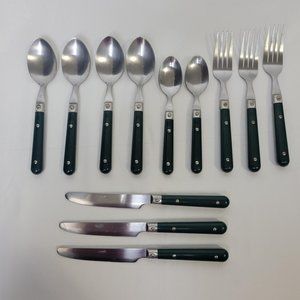12 Piece Viners Forrest Hunter Green Plastic Handle Flatware Vintage Fork Spoon